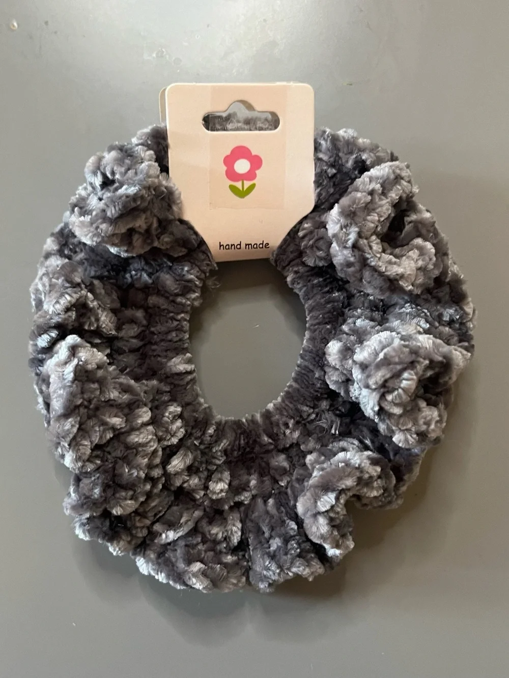 Set of 2 Gray Velvet Crochet Scrunchies Handmade NWT Chenille Hair Ties
